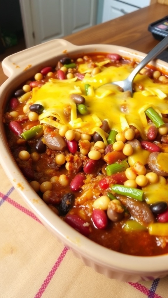 A hearty six bean casserole topped with melted cheese, showcasing a variety of beans in a rustic dish.